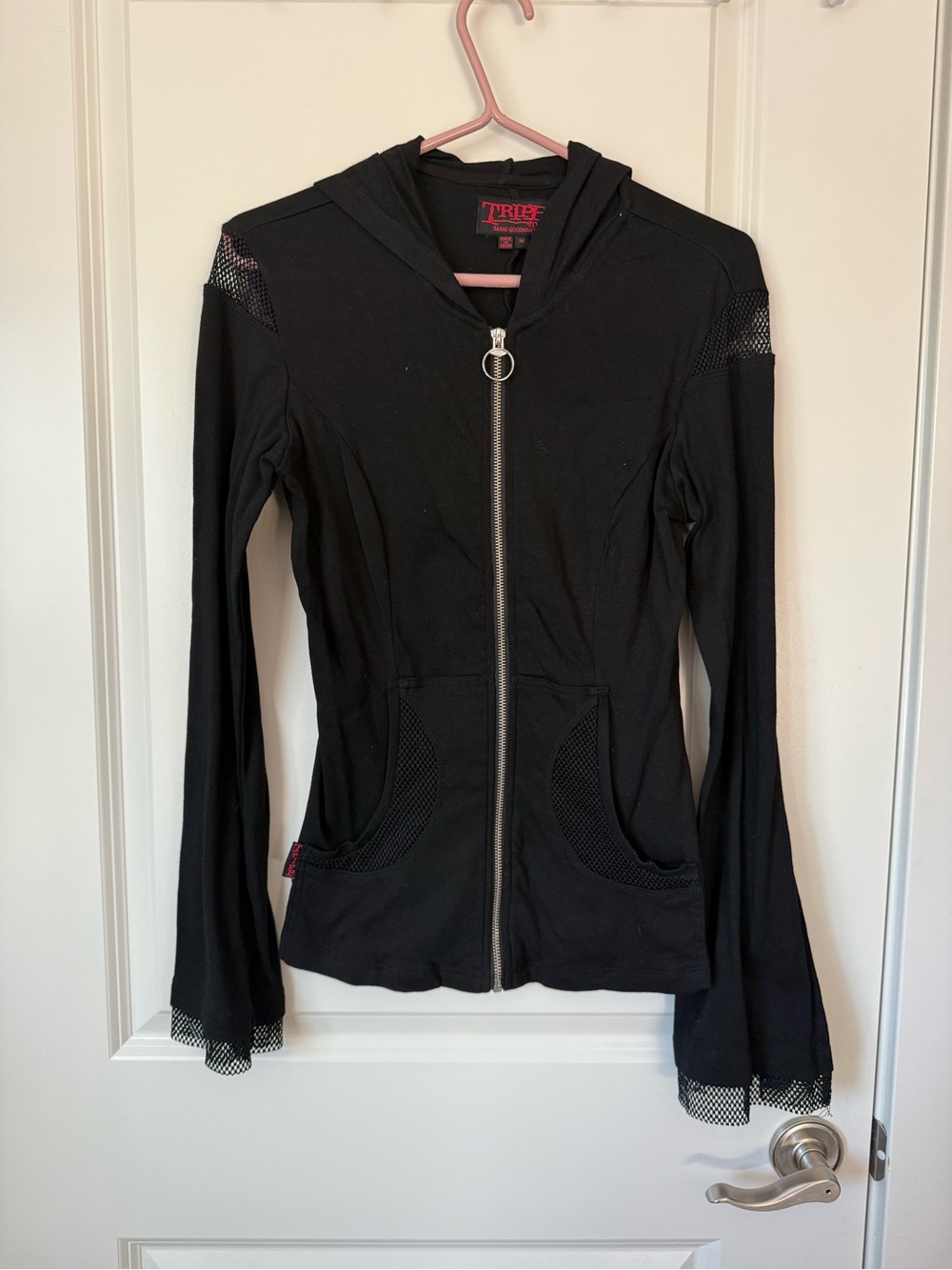 VINTAGE Tripp NYC Y2K Mesh Flare Sleeve Hoodie Goth Black Zip Up - Picture 8 of 9